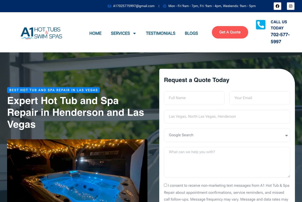 A1 Hot Tubs & Swim Spas website — Hot Tub Repair design example