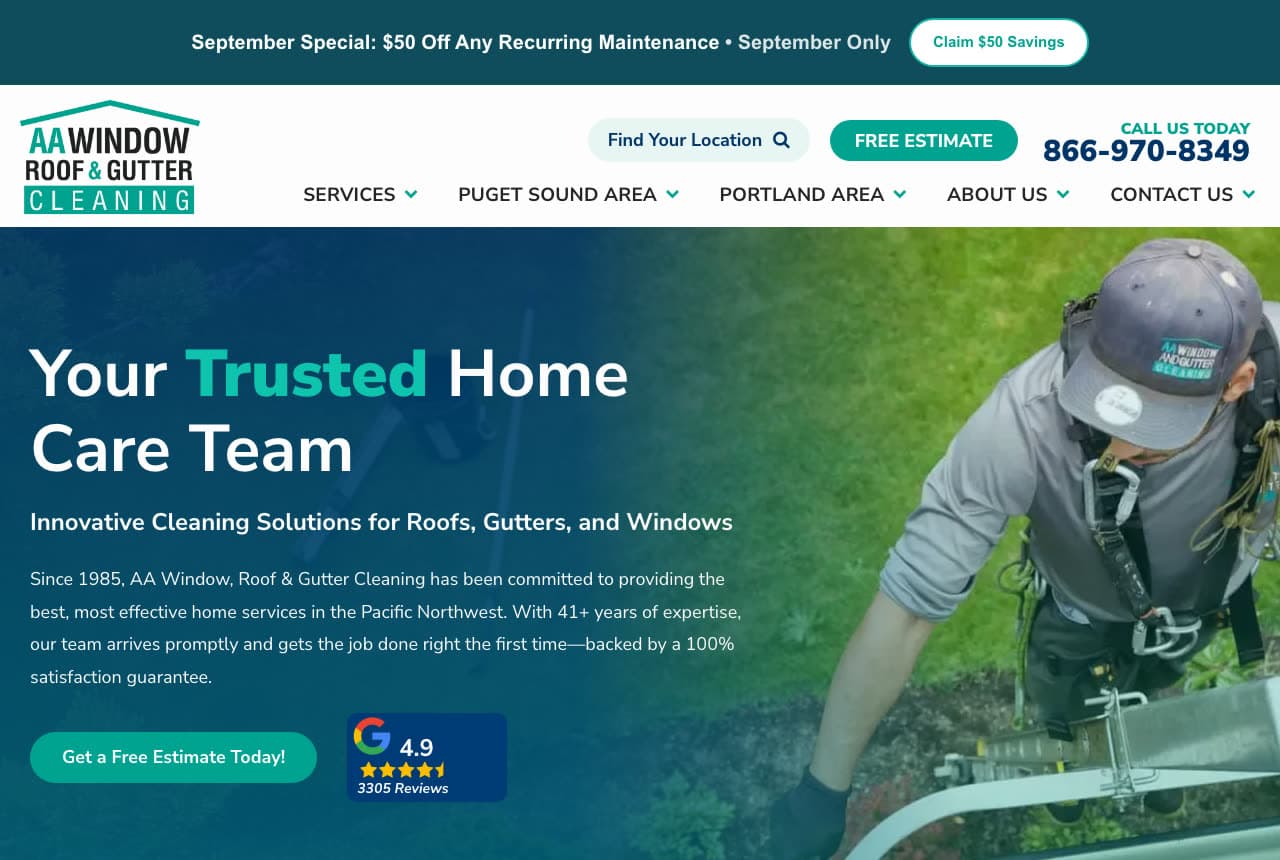 AA Window, Roof & Gutter Cleaning website — Roof, Gutter & Window Company design example