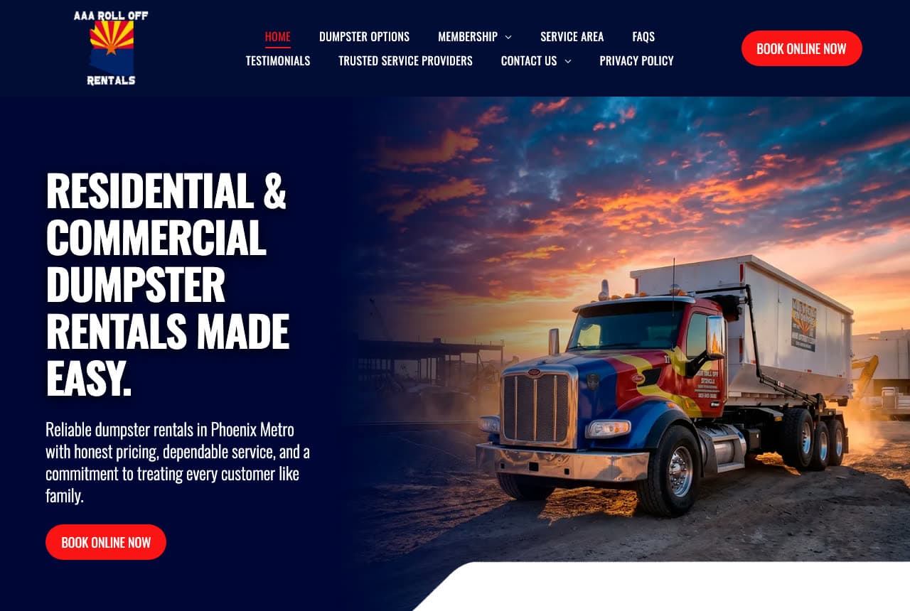 AAA Roll Off Rentals website — Residential + Commercial Roll-Off design example
