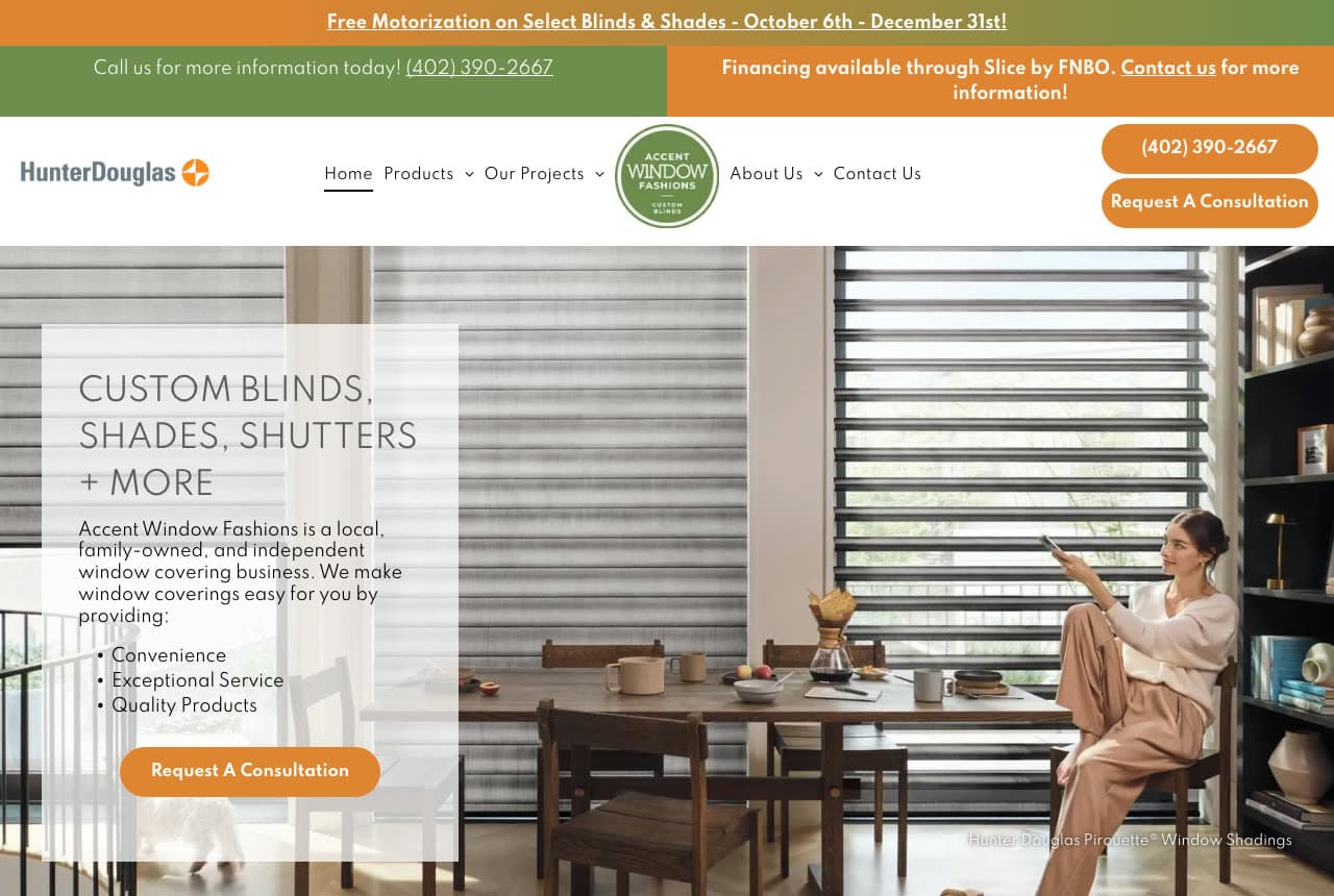 Accent Window Fashions website — Independent Blinds Dealer design example