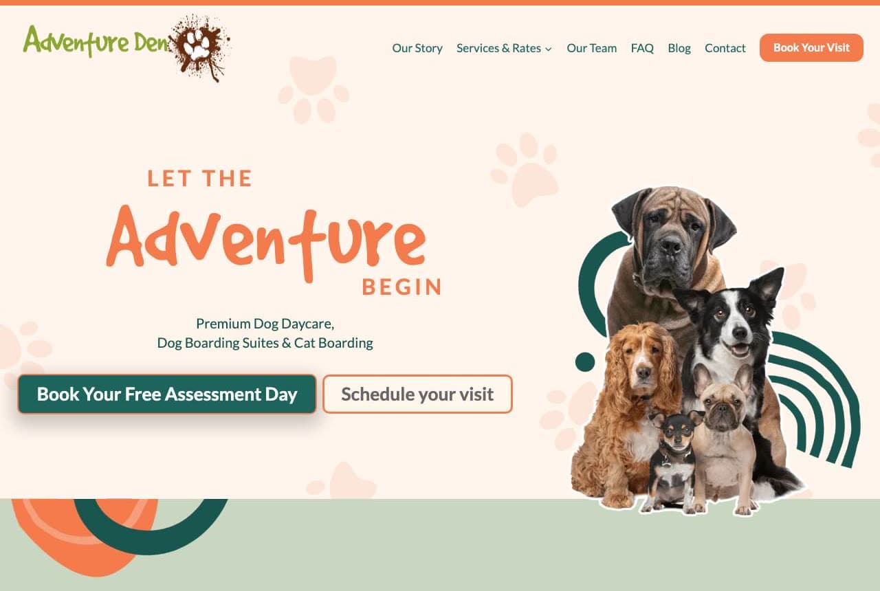 Adventure Den website — Dog Daycare & Boarding design example