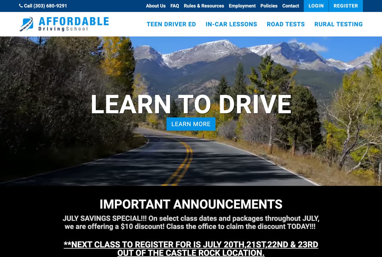 Affordable Driving School website — Driving School design example