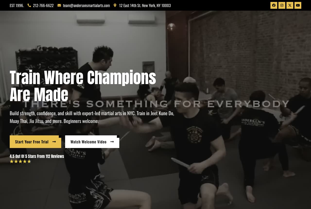 Anderson's Martial Arts Academy website — Martial Arts Academy design example