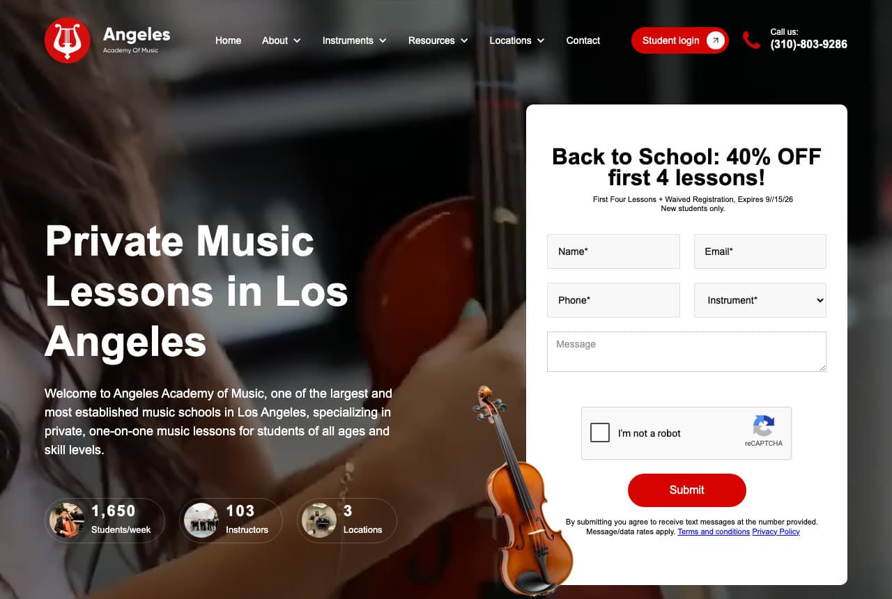 Angeles Academy of Music website — Private Lessons Academy design example