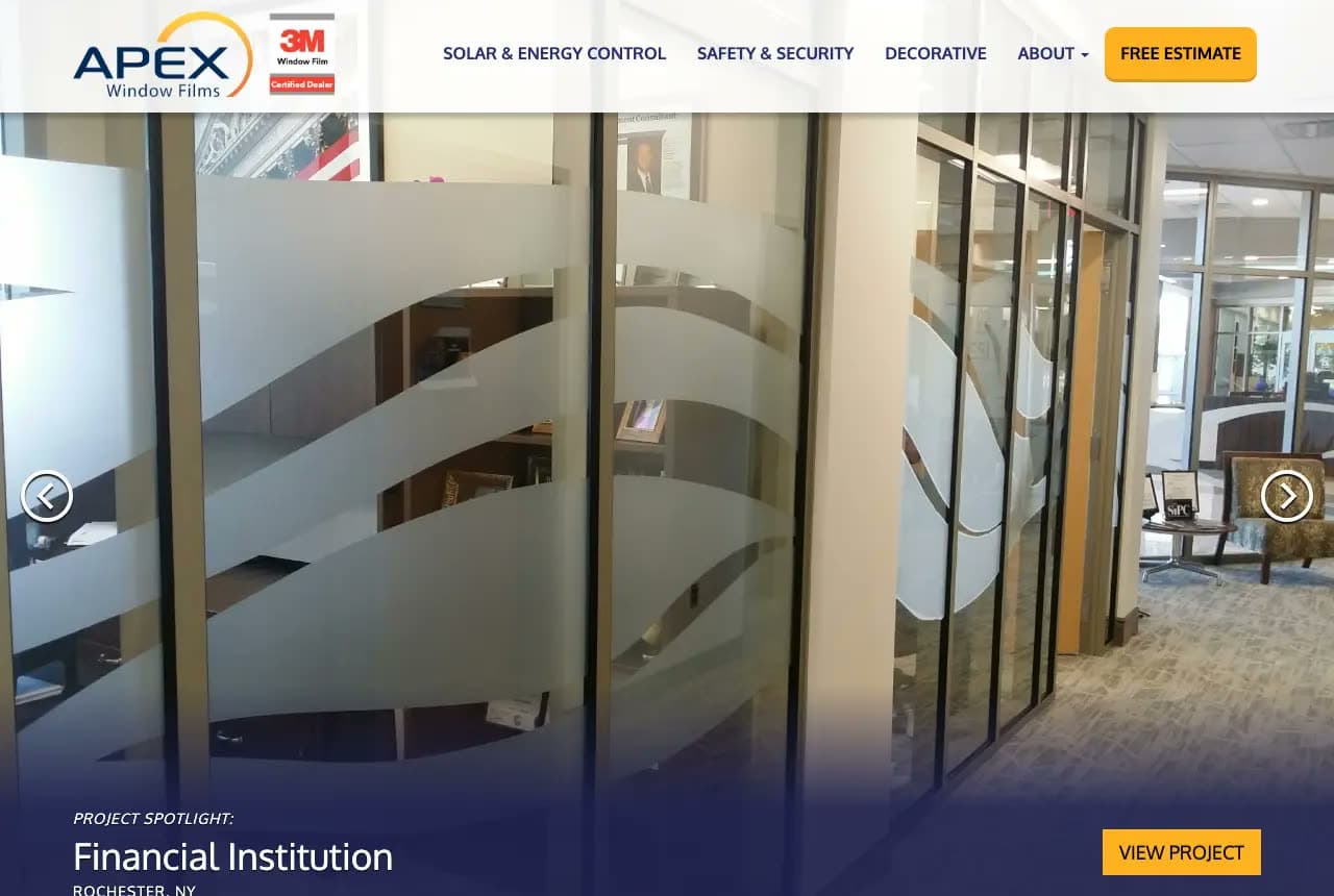 Apex Window Films website — Commercial + Decorative Film design example
