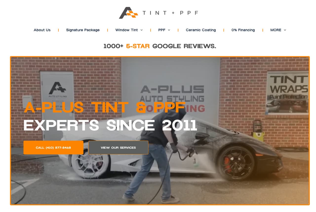 A-Plus Tint & PPF website — Tint & PPF design example