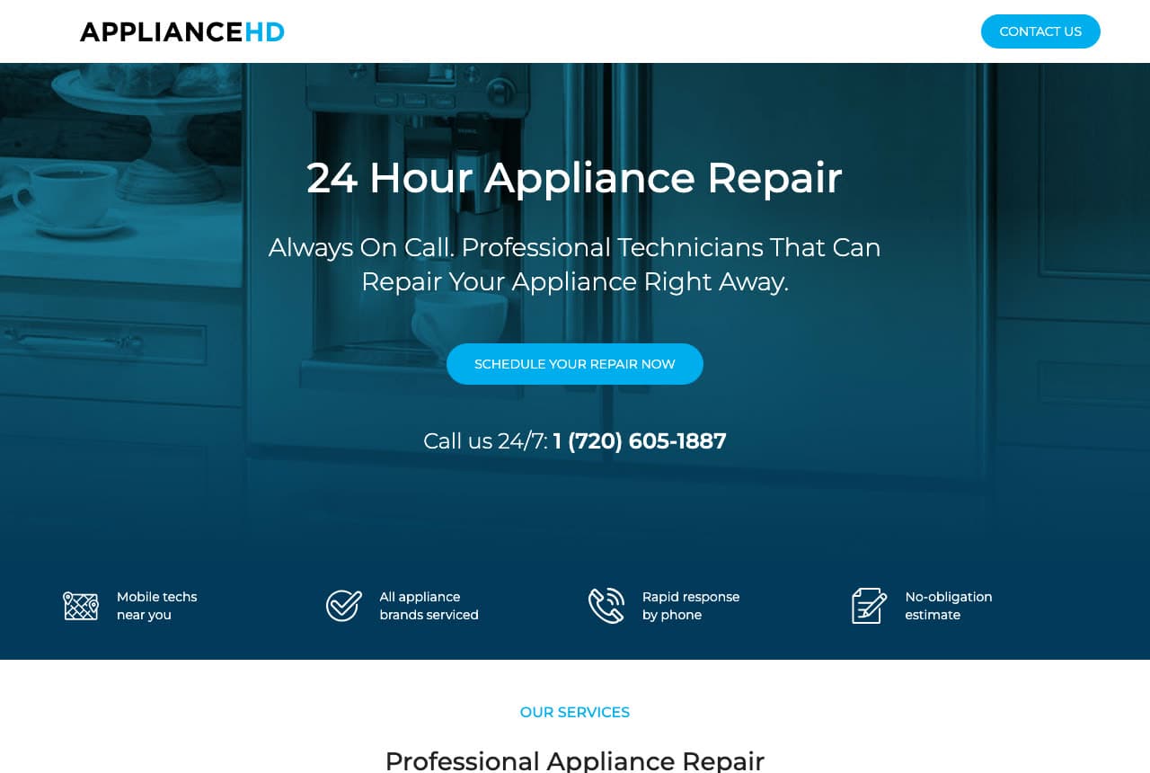 ApplianceHD website — 24-Hour Appliance Repair design example