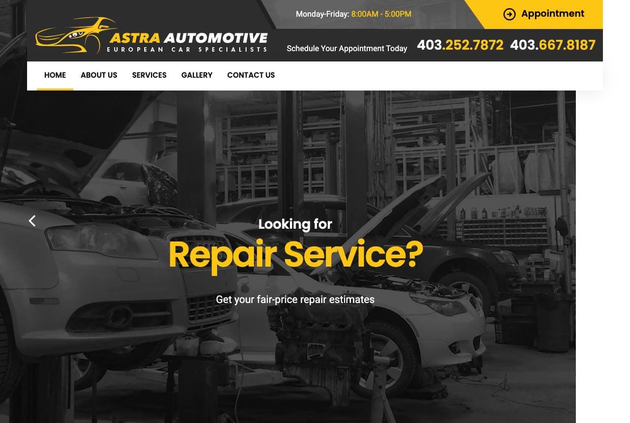 Astra Automotive website — European Auto Specialist design example