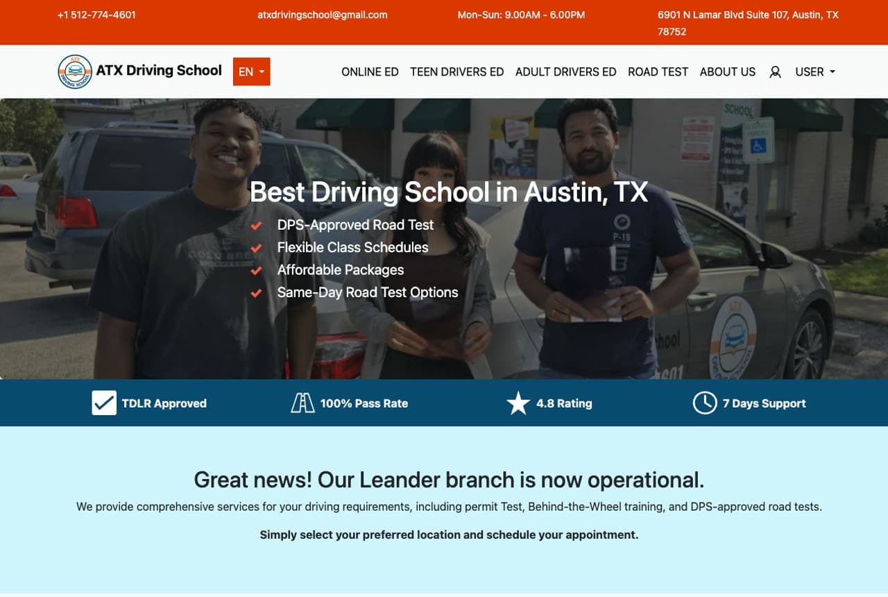 ATX Driving School website — Driving School design example