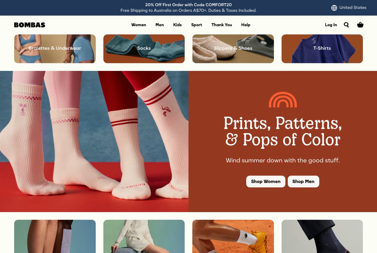 Bombas website — Socks & Basics Brand design example