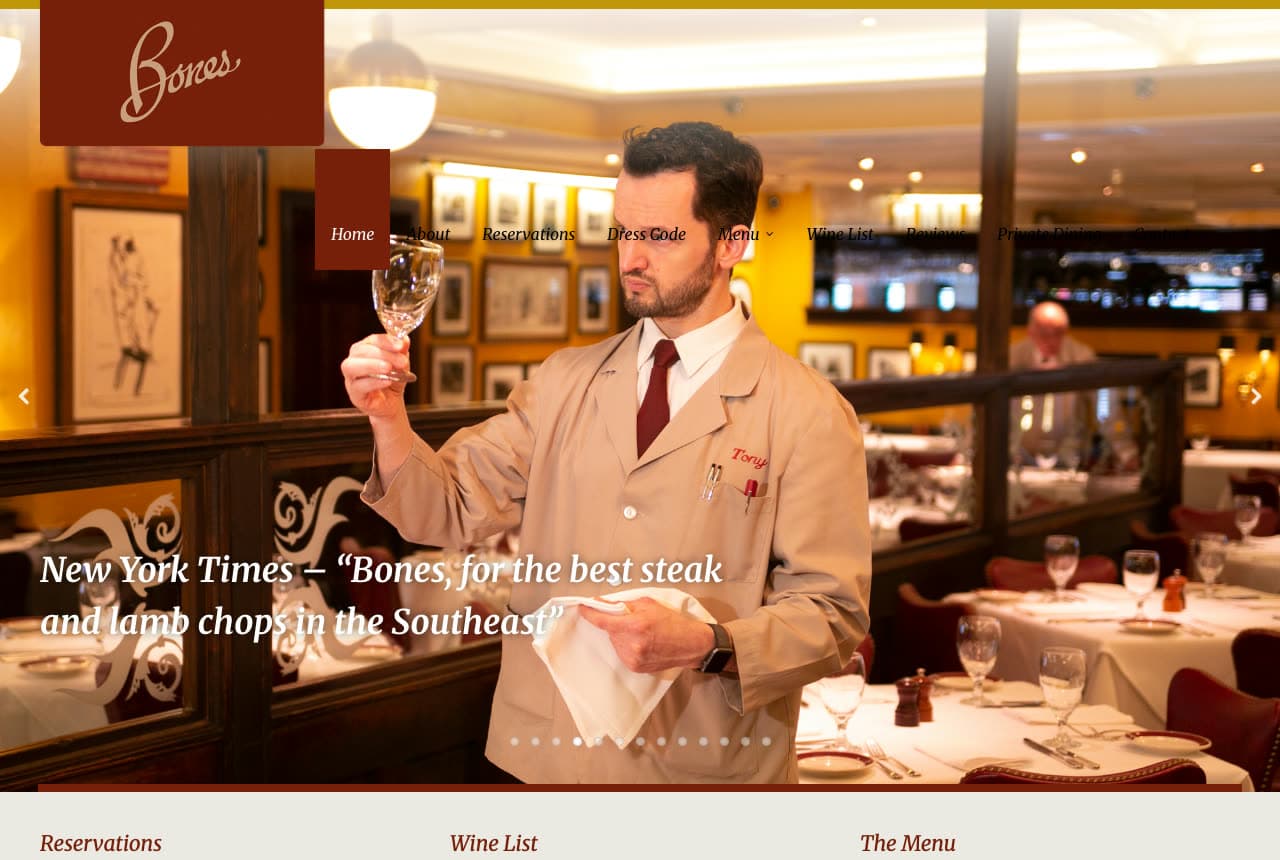 Bones website — Classic Steakhouse design example