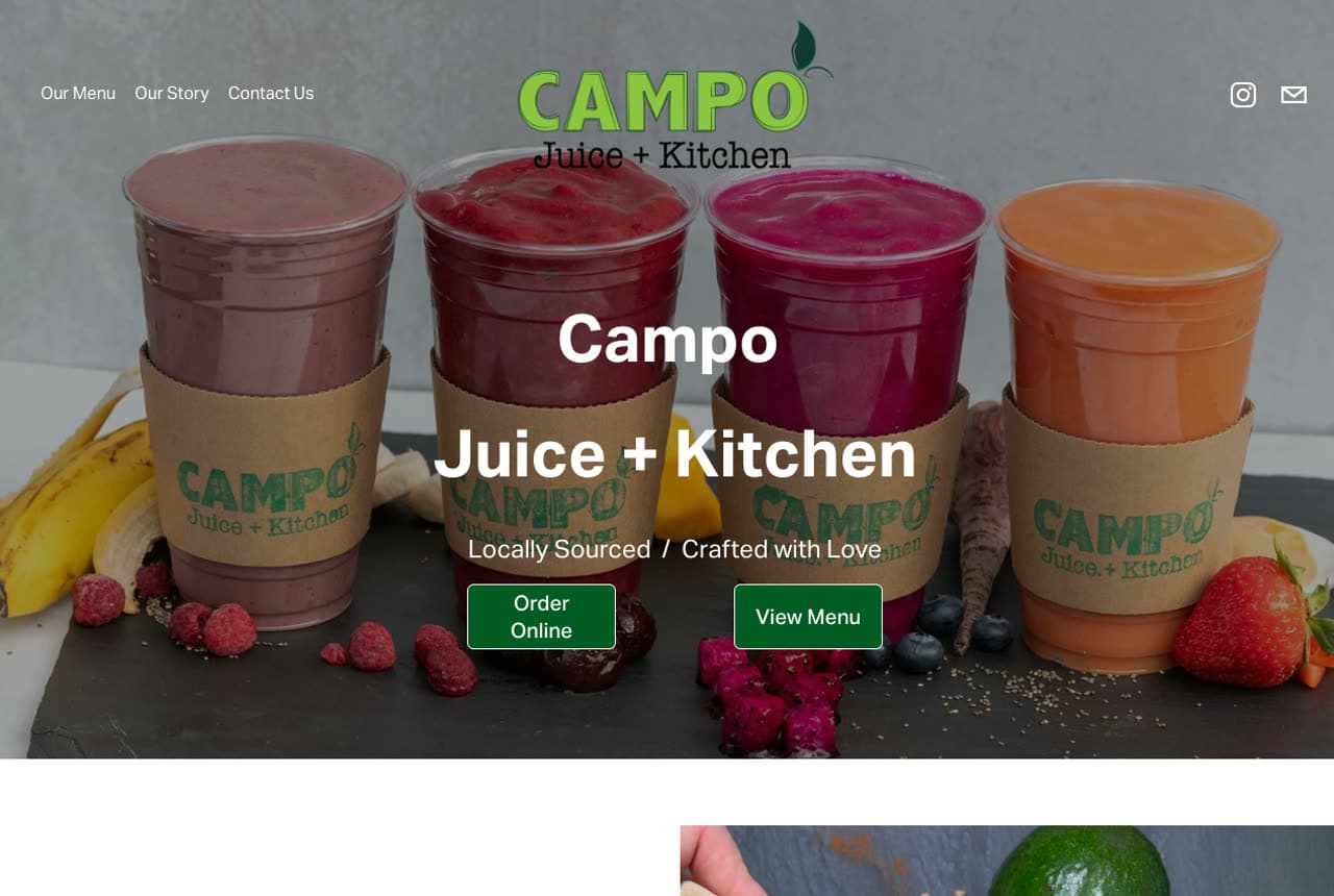 Campo Juice + Kitchen website — Juice Bar design example