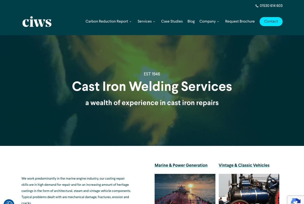 Cast Iron Welding Services website — Cast Iron Specialist design example