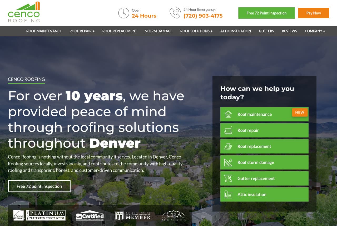 Cenco Roofing website — Residential Roofing design example