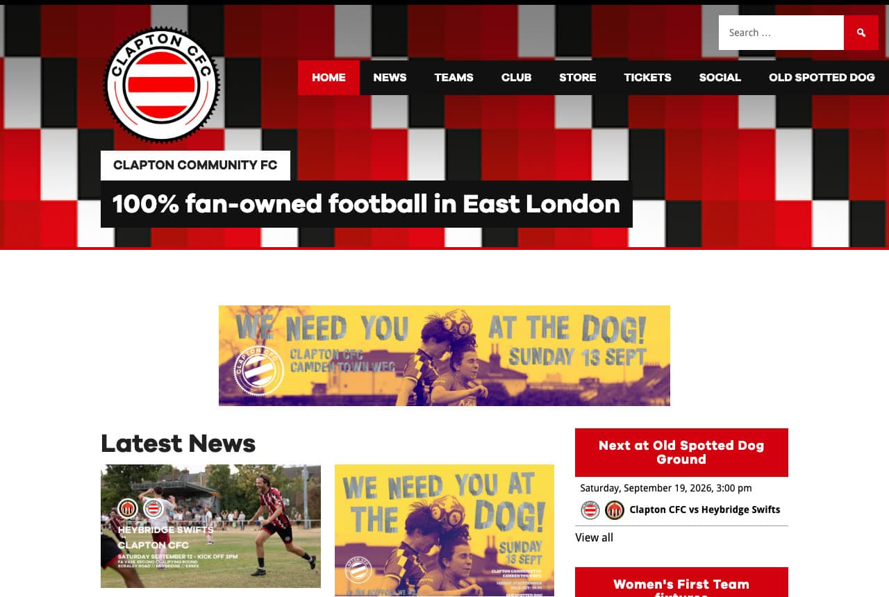 Clapton Community FC website — Fan-Owned Football Club design example