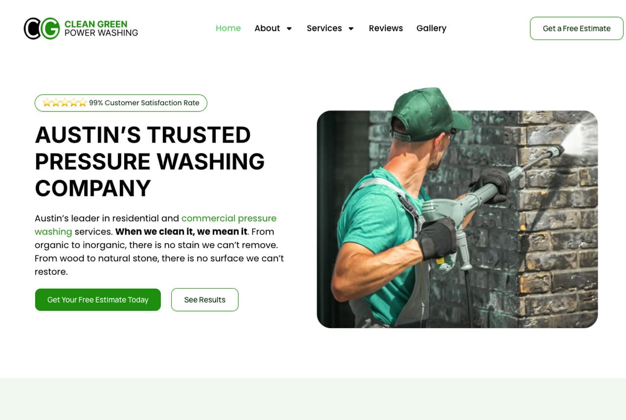 Clean Green Power Washing website — Power Washing design example