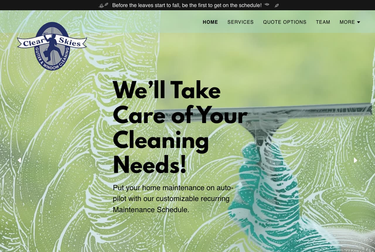 Clear Skies Cleaning website — Gutter & Window Cleaning Schedule design example