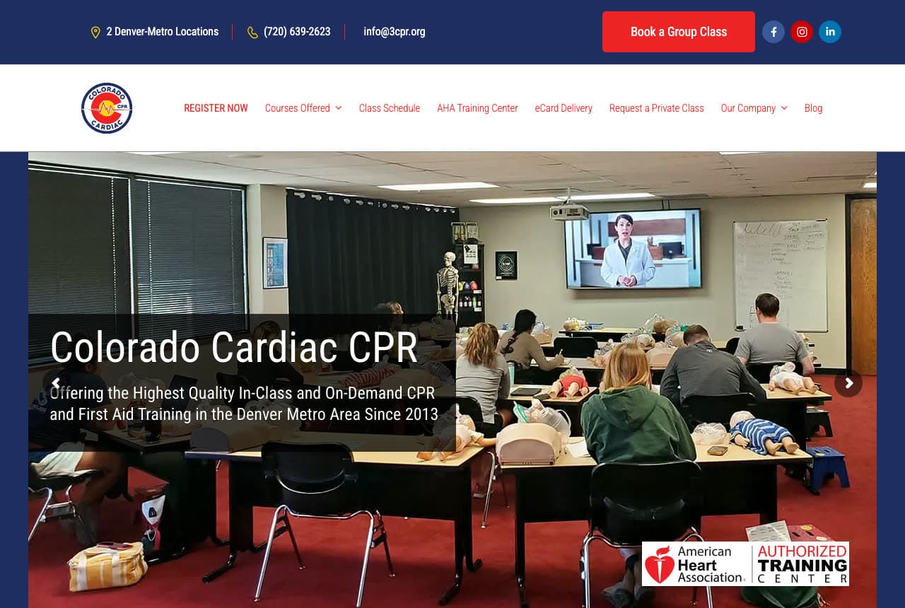 Colorado Cardiac CPR website — In-Class & On-Demand CPR Training design example