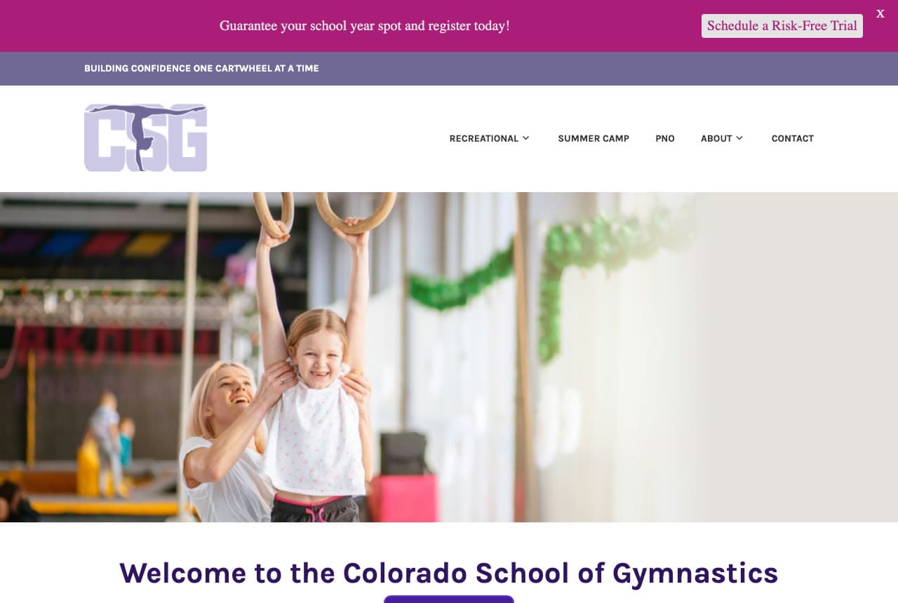 Colorado School of Gymnastics website — Recreational Gymnastics School design example