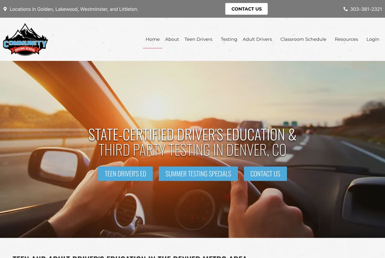 Community Driving School website — Driving School design example
