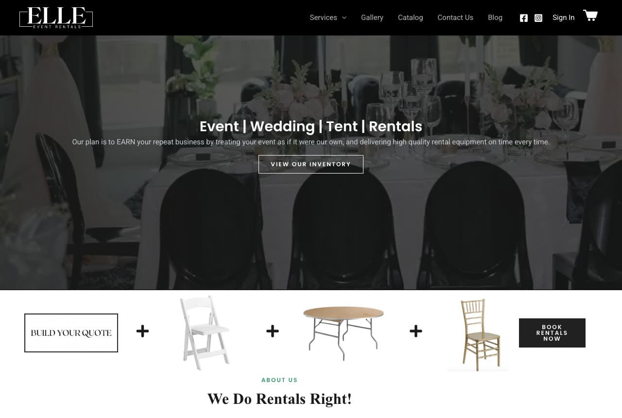 Elle Event Rentals website — Event Rental Company design example