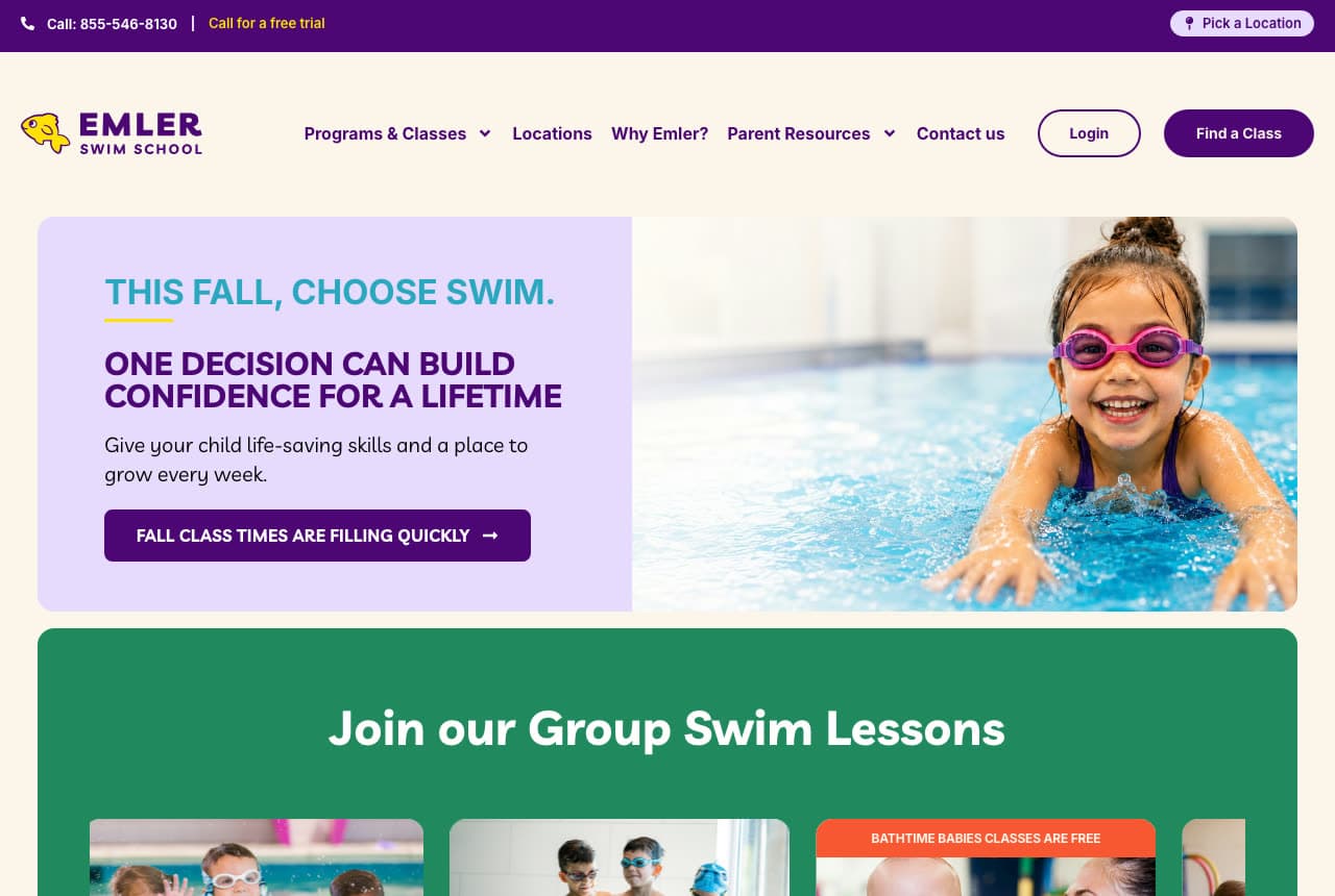 Emler Swim School website — Kids Swim School design example