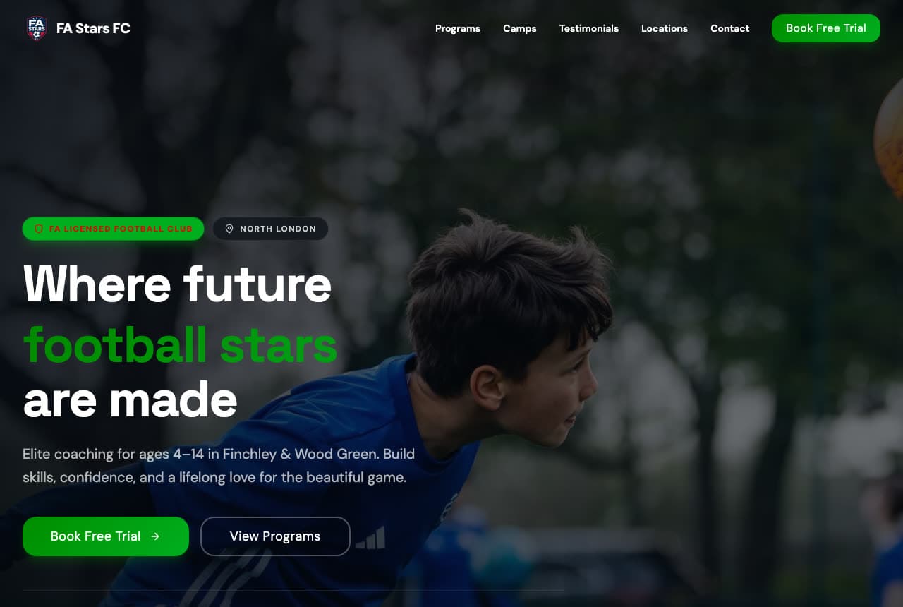 FA Stars FC website — Youth Football Club design example