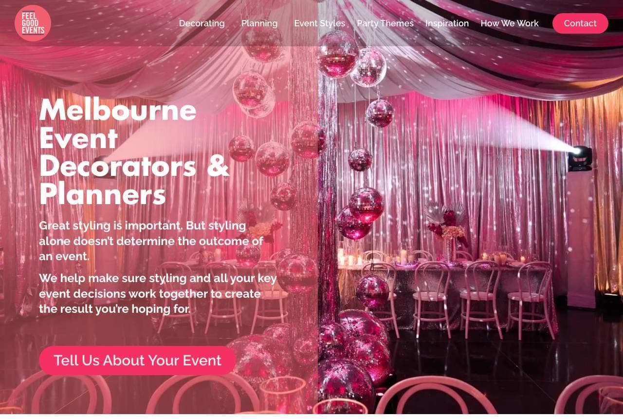Feel Good Events website — Event Styling design example
