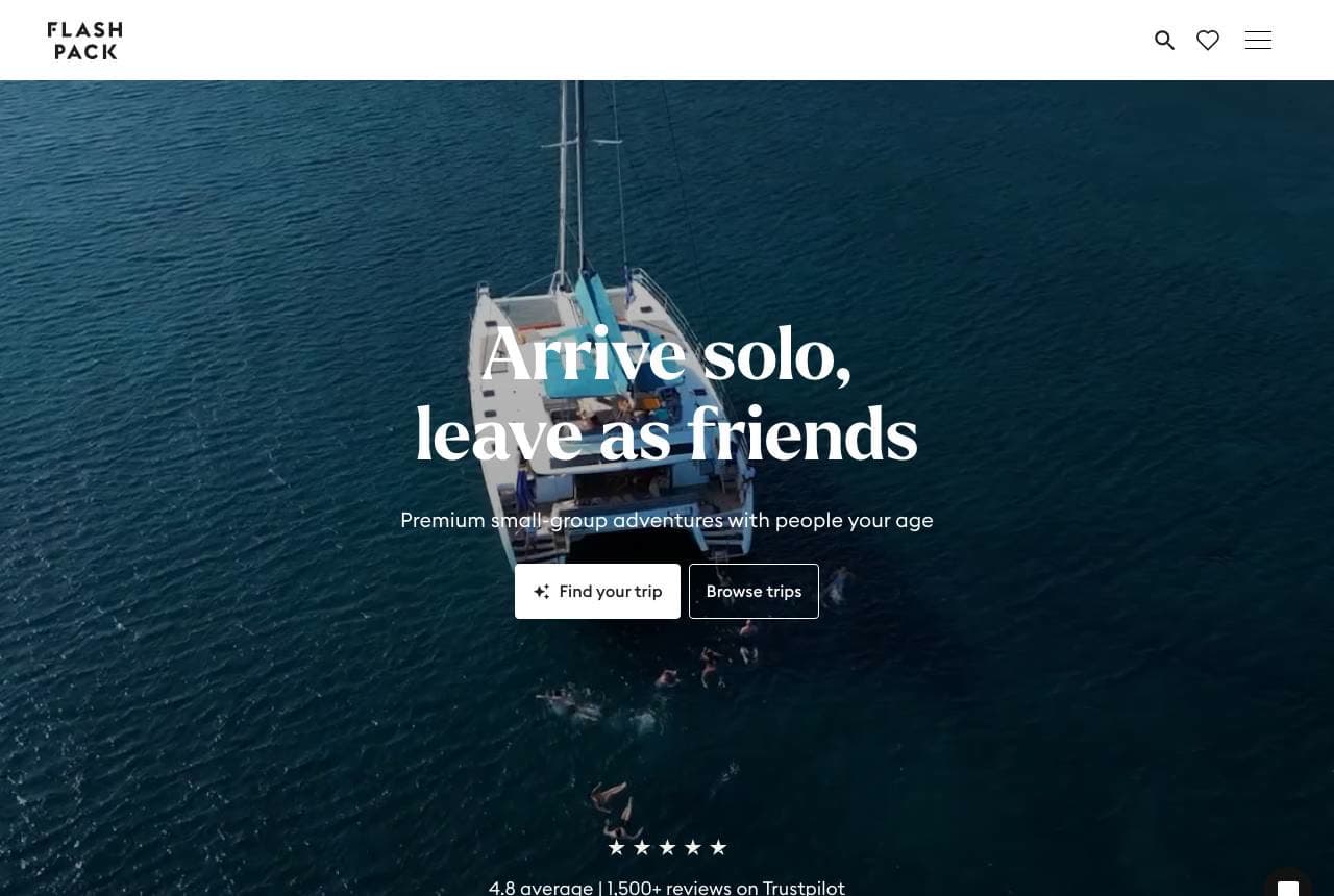 Flash Pack website — Group Adventure design example