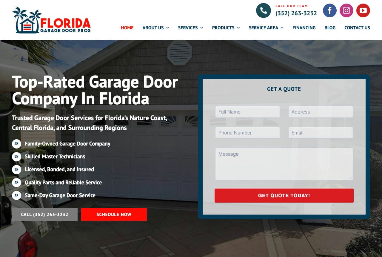 Florida Garage Door Pros website — Garage Door Company design example