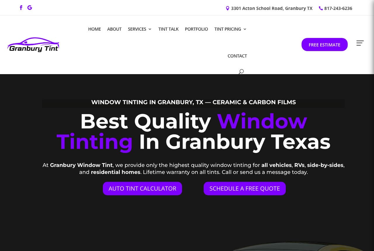Granbury Window Tint website — Auto + Home Tint design example