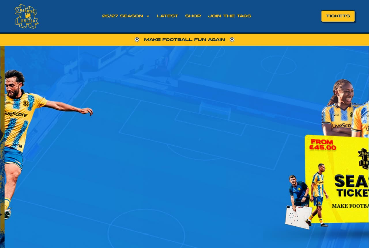Hashtag United website — Semi-Professional Football Club design example