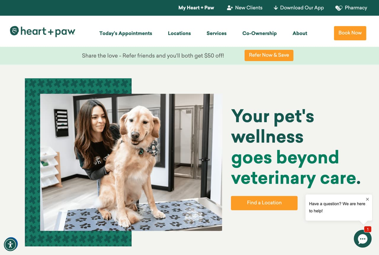 Heart + Paw website — Veterinarian design example