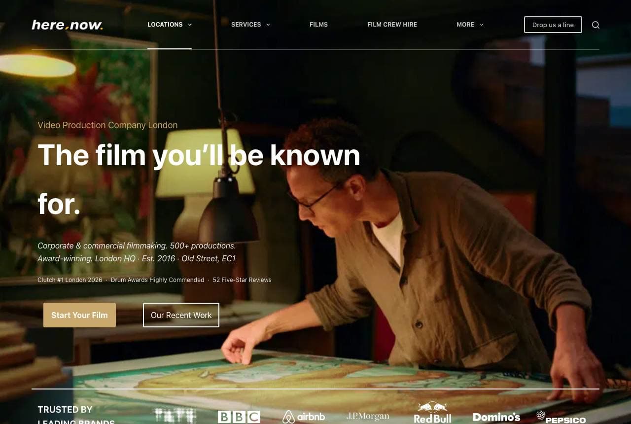 Here Now Films website — Commercial Production design example