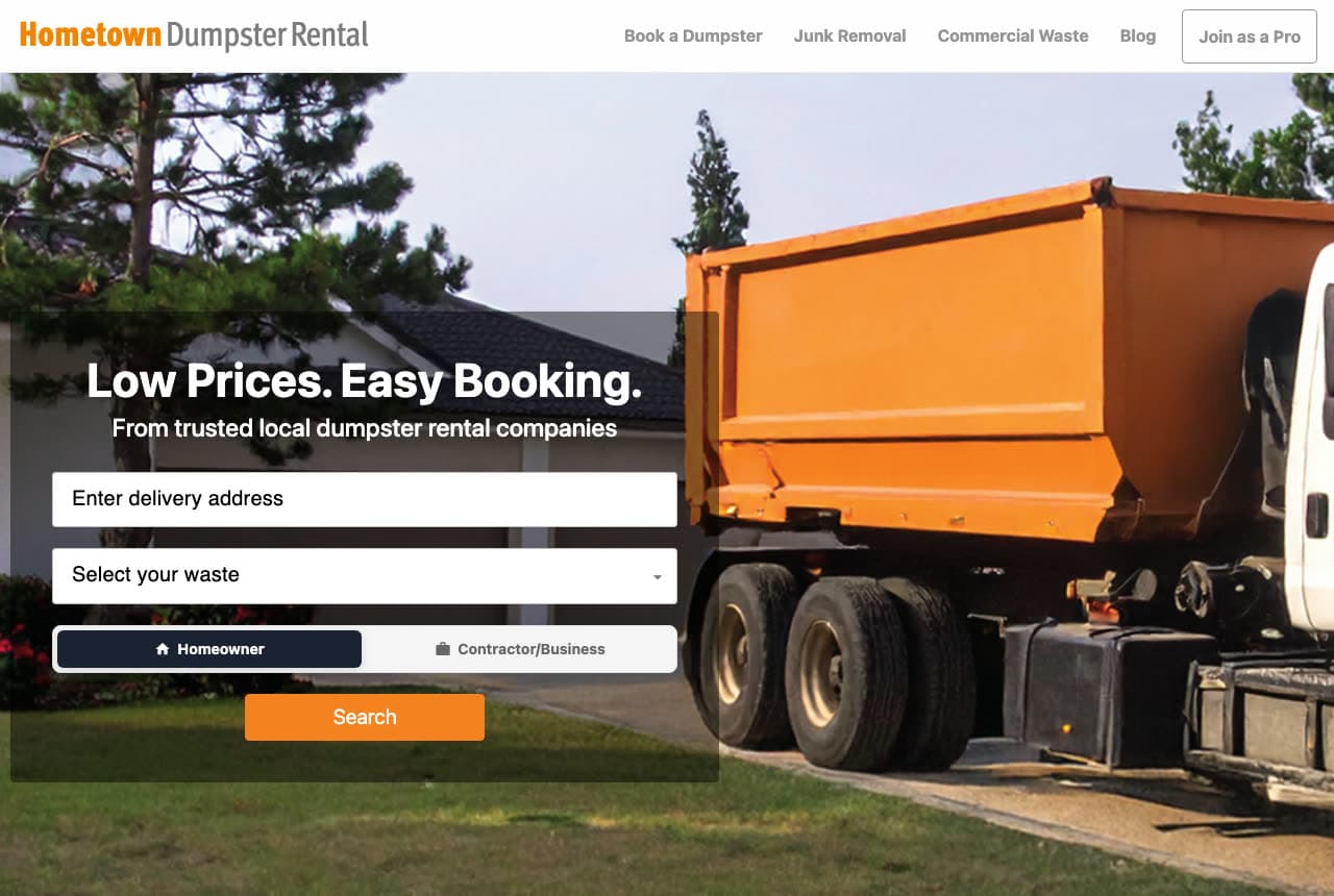 Hometown Dumpster Rental website — Dumpster Marketplace design example