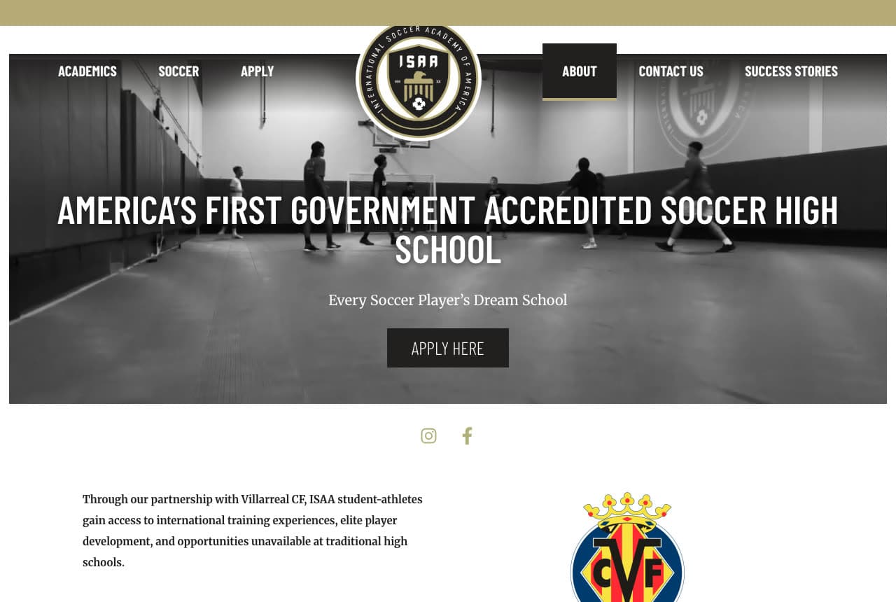 International Soccer Academy of America website — Soccer High School design example