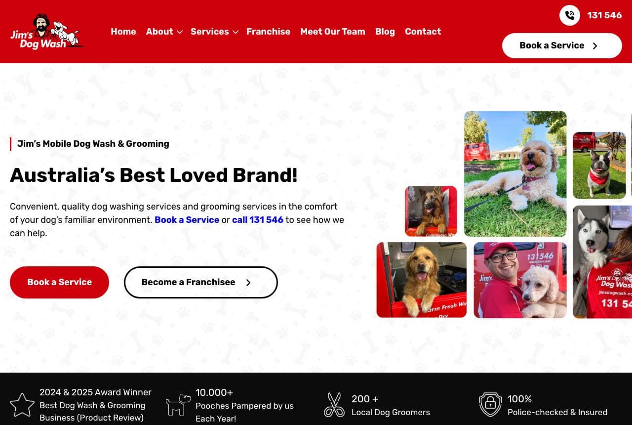 Jim's Dog Wash website — Mobile Franchise design example