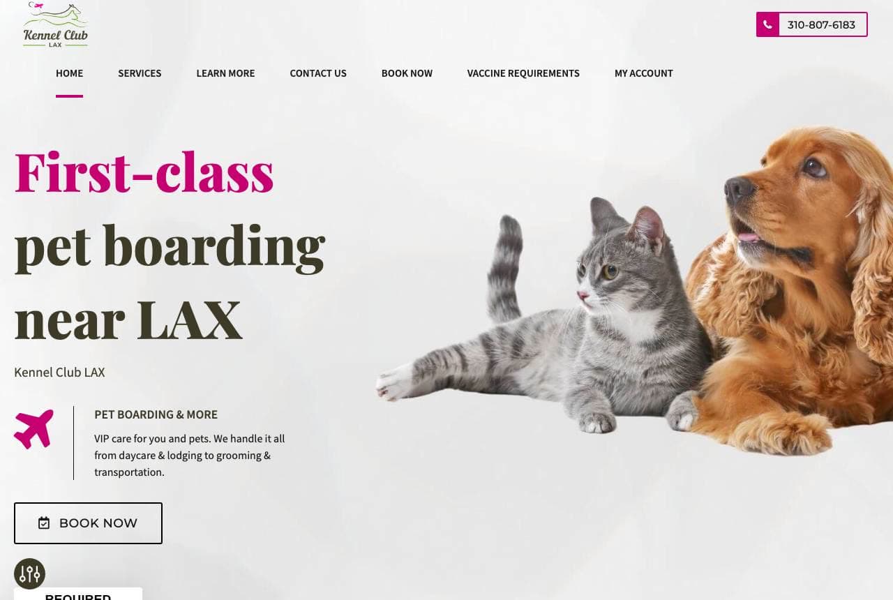 Kennel Club LAX website — Airport Pet Boarding design example