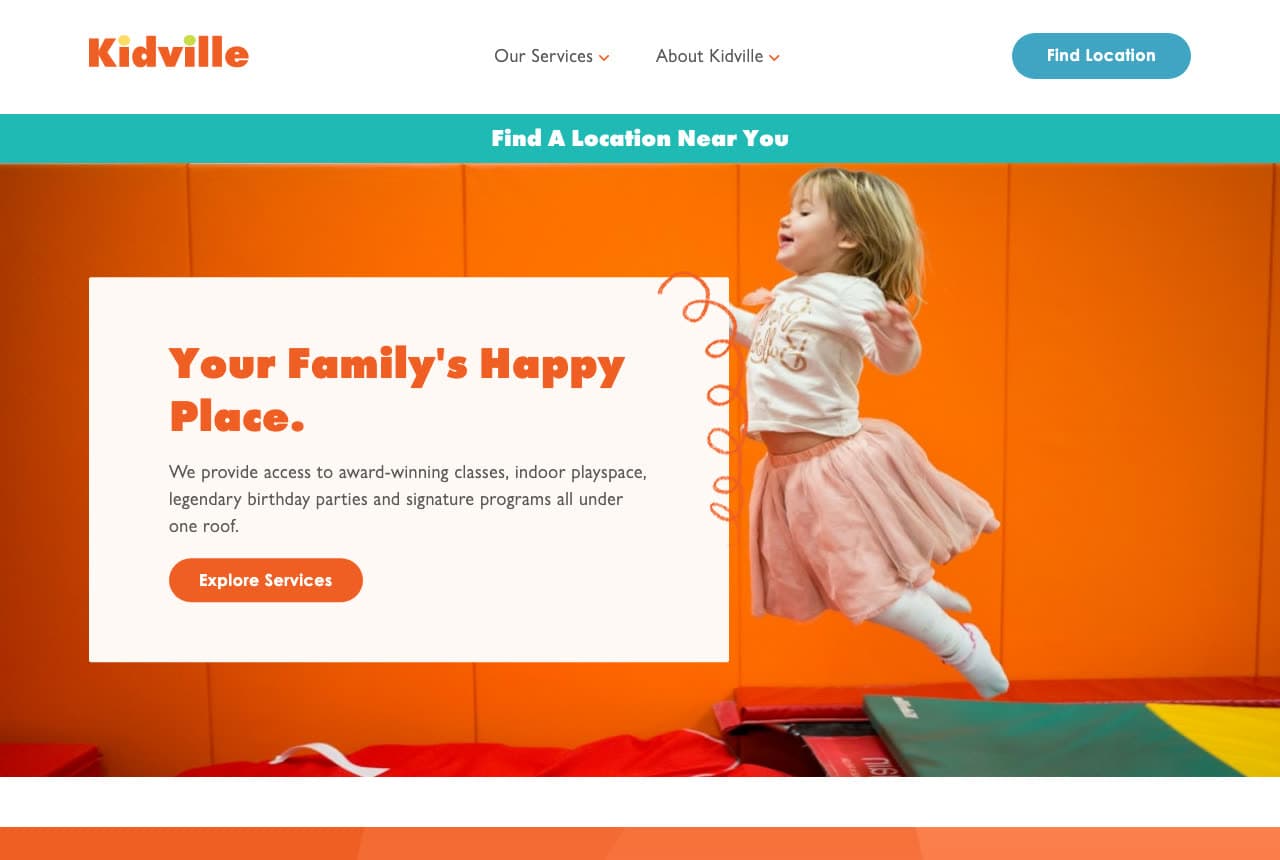 Kidville website — Kids Classes & Playspace design example