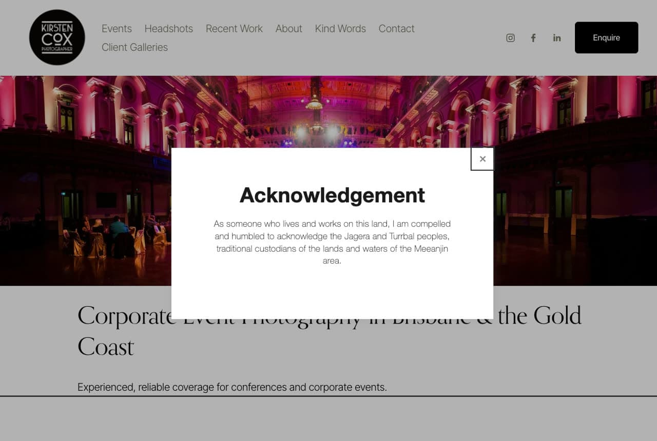 Kirsten Cox website — Event Photography design example