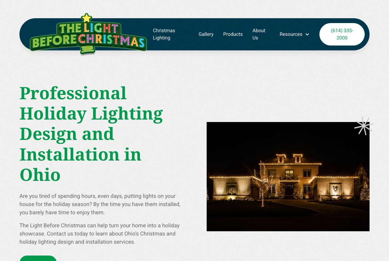 The Light Before Christmas website — Residential Installer design example