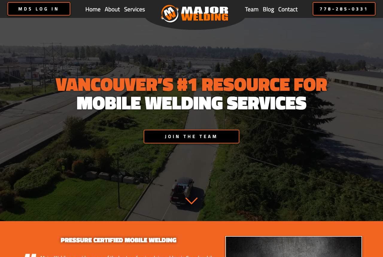 Major Welding website — Mobile Welding design example
