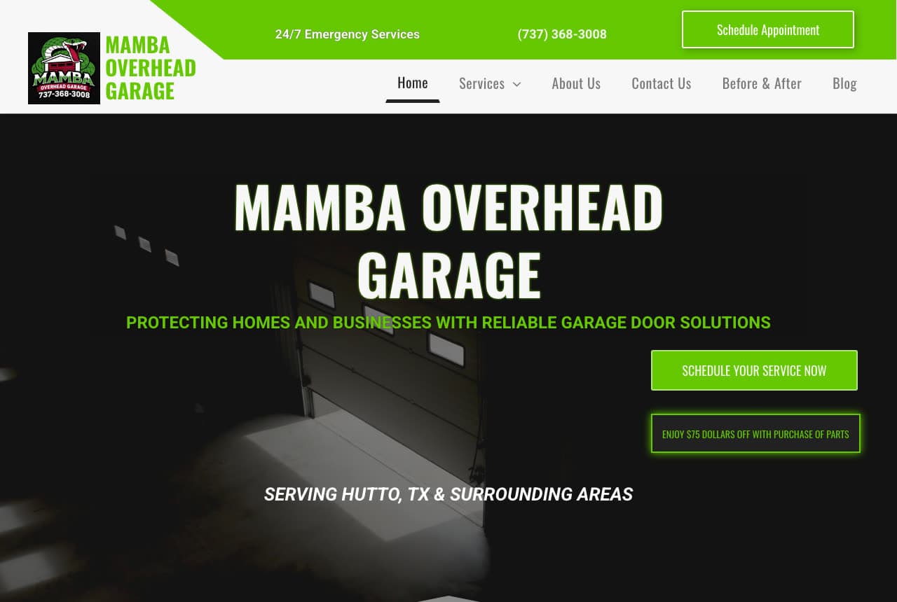 Mamba Overhead Garage website — Emergency Garage Door design example