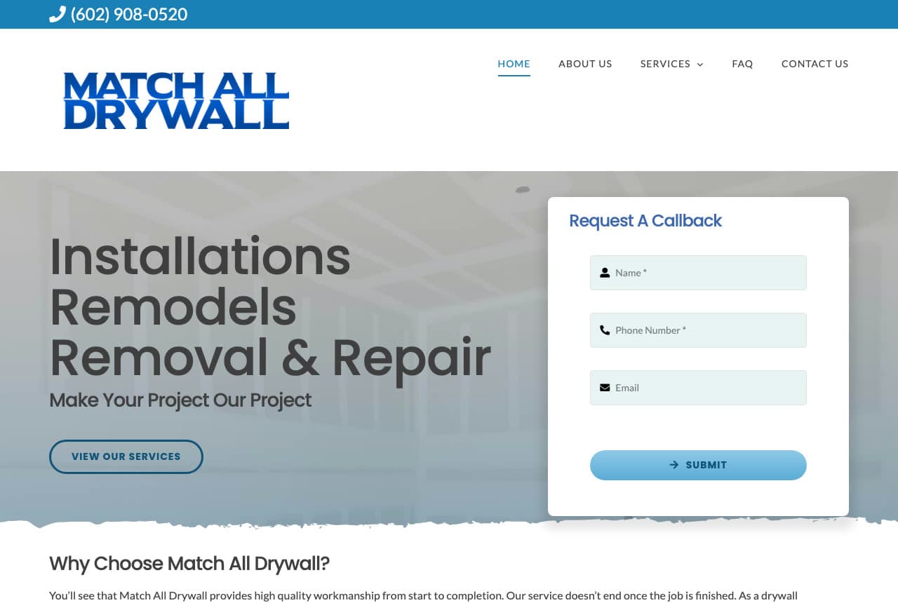 Match All Drywall website — Drywall Repair & Texture design example