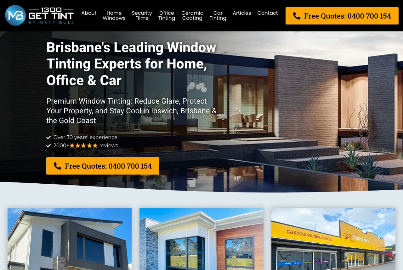 Matt Bull Window Tinting website — Home, Office + Car Tint design example