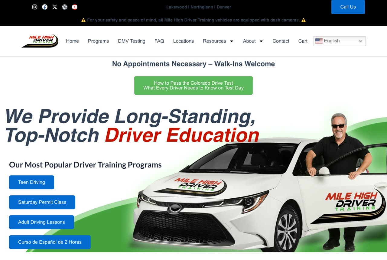 Mile High Driver Training website — Driving School design example