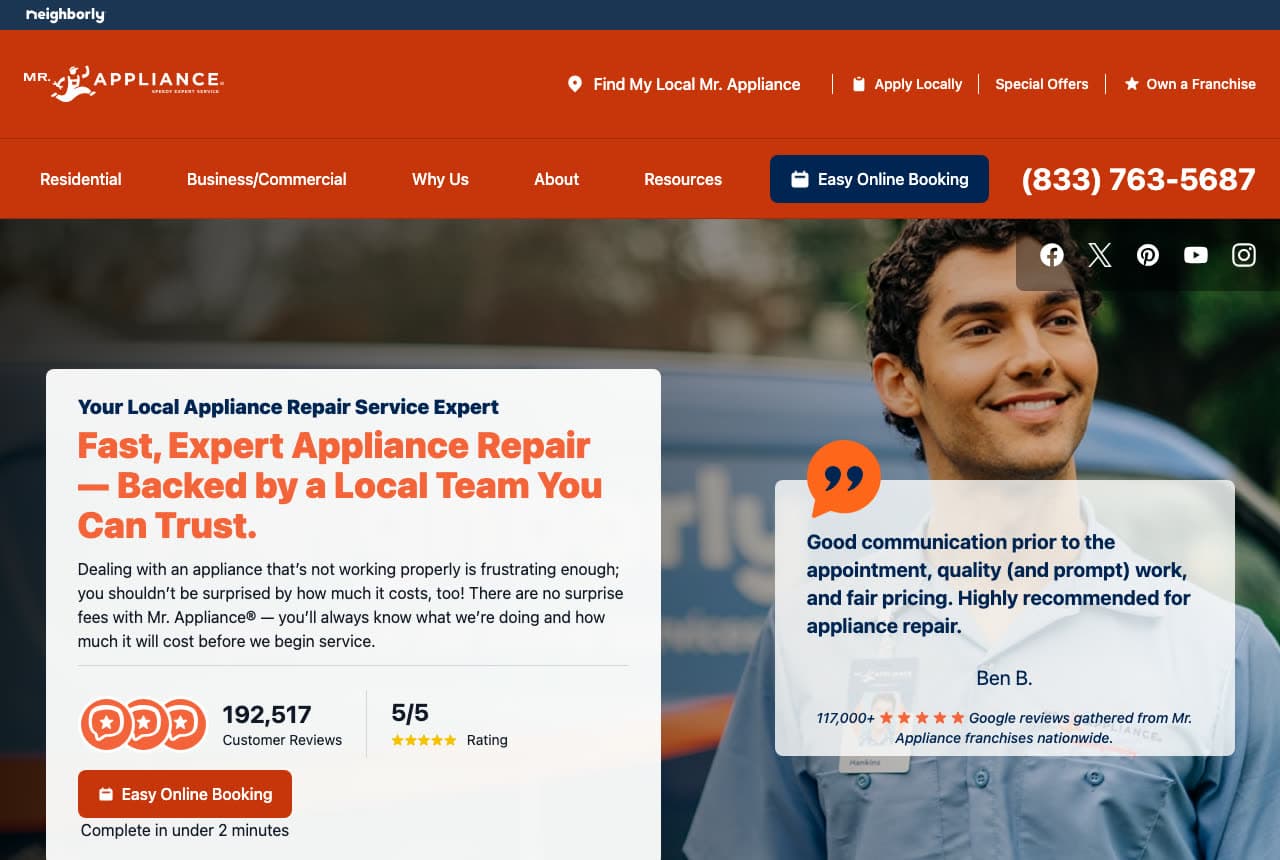 Mr. Appliance website — Appliance Repair Franchise design example
