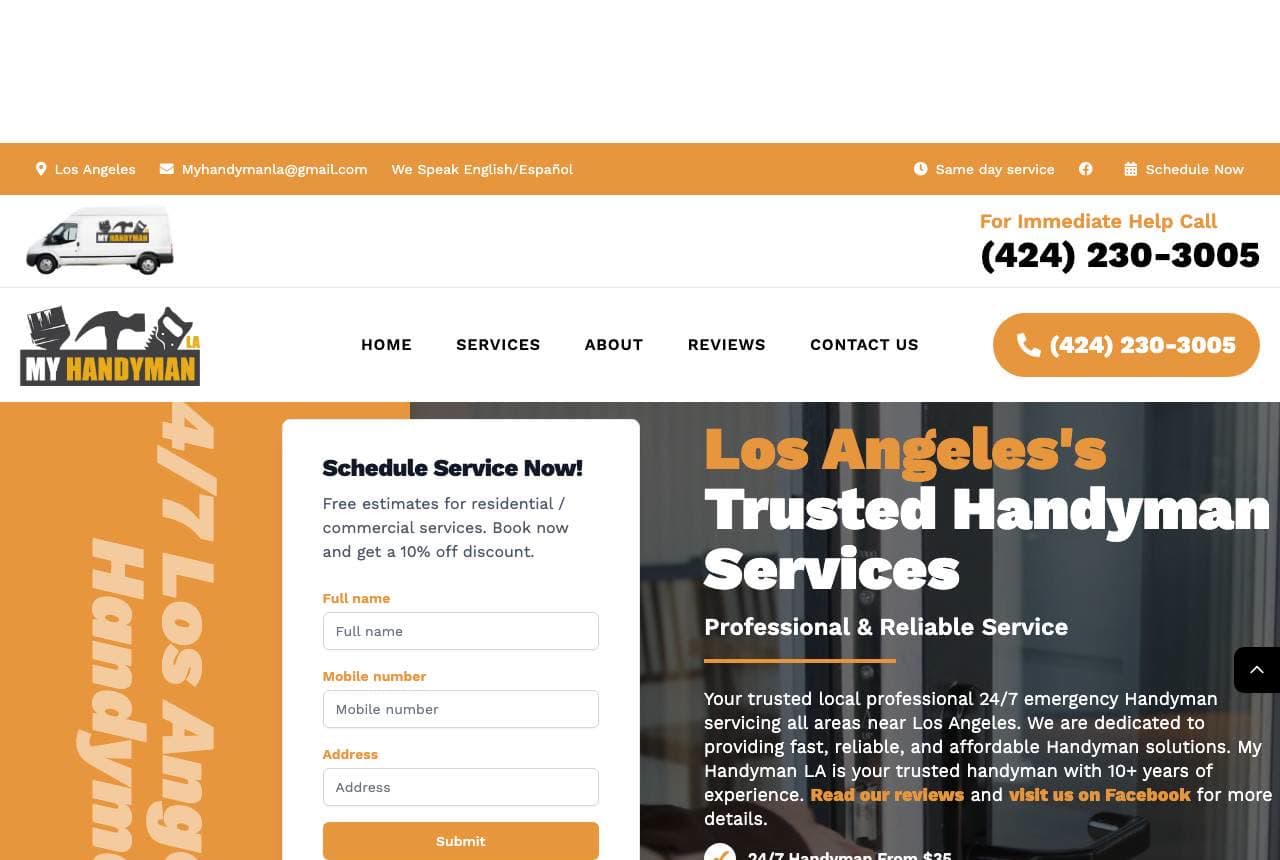 My Handyman LA website — Emergency Service design example