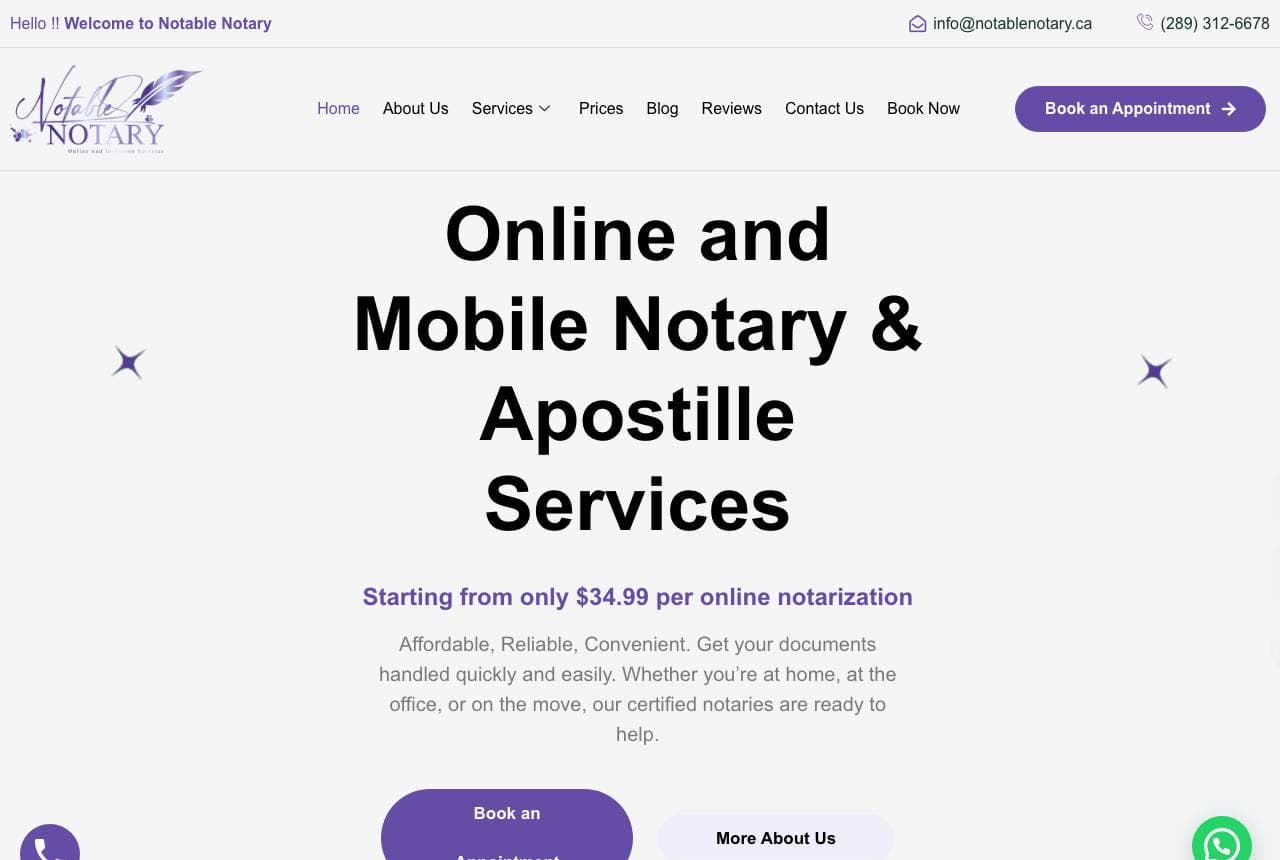 Notable Notary website — Mobile Notary design example