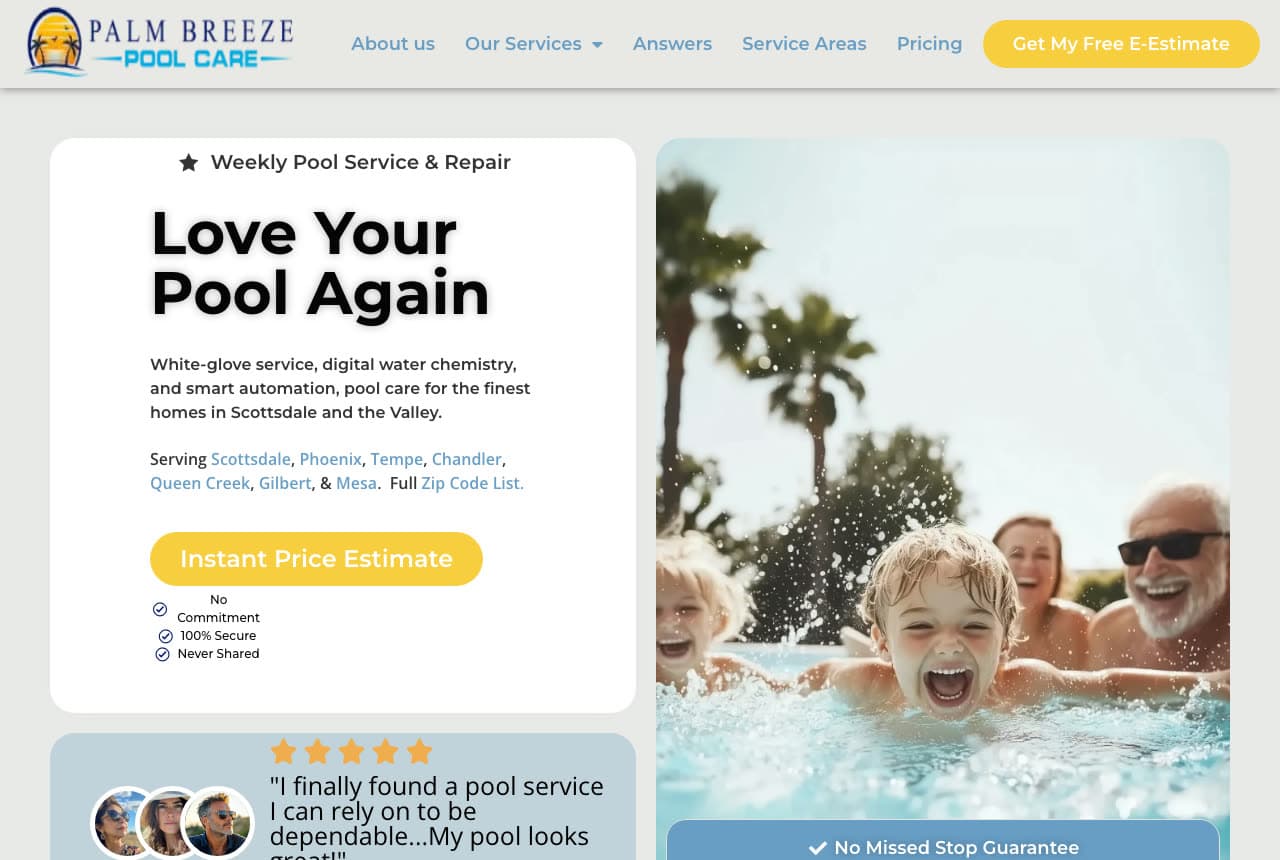 Palm Breeze Pool Care website — Pool Service Company design example